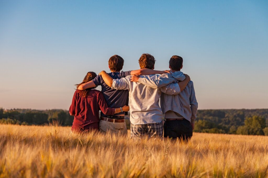 young people, group, friends, friendship, together, summer, landscape, field, outdoors, youth, nature, support, gang, teens, friendship day
