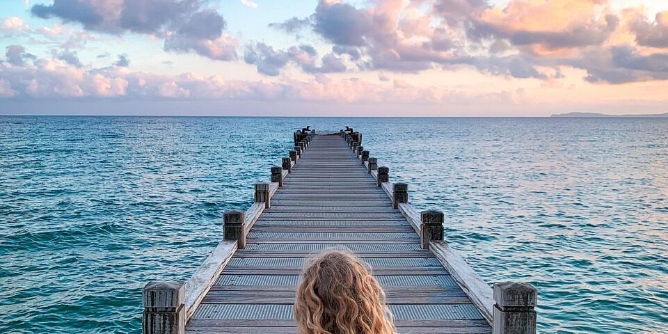 woman, sit, boardwalk, jetty, pier, sea, ocean, clouds, perspective, horizon, sky, seascape, blonde woman, sitting, wooden planks, walkway, alone, solitude, solitary, meditation, relaxation, zen, nature, calm, meditation, meditation, meditation, meditation, meditation